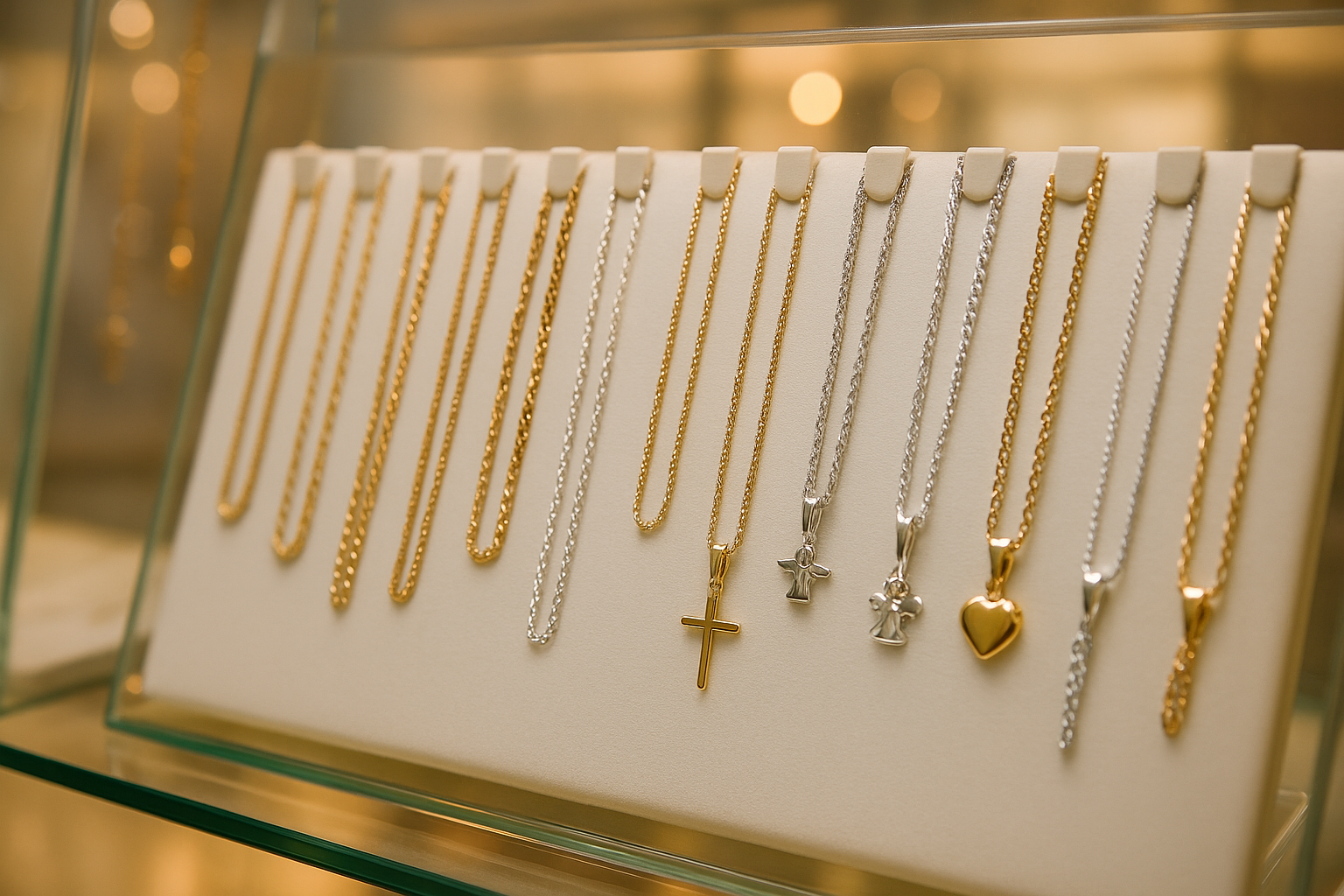 Juvelyrikos vitrina su auksinėmis ir sidabrinėmis grandinėlėmis krikštynoms.