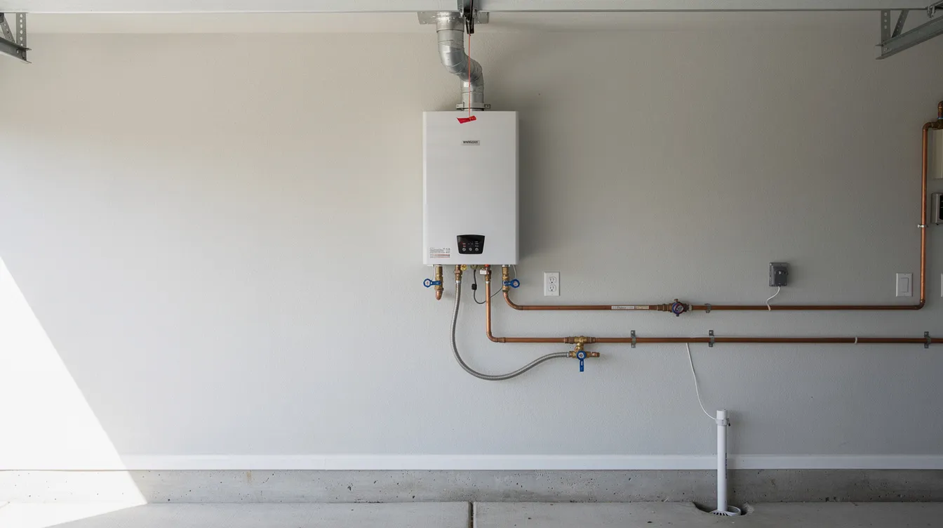 The image shows a newly installed tankless water heater mounted on the wall of a garage in a residential home, showcasing modern plumbing solutions for queen creek homeowners. This efficient unit is part of essential plumbing services that enhance water heating while saving space in queen creek homes.