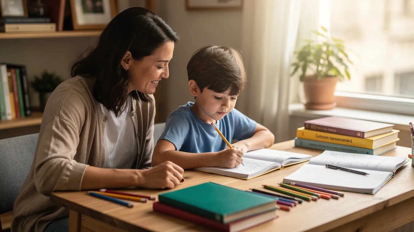 A parent and child sit side by side at a desk, both appearing relaxed as they work together on schoolwork, fostering a supportive environment that encourages academic confidence and emotional well-being. This collaborative moment highlights the importance of emotional support in helping students manage academic stress and reduce anxiety.