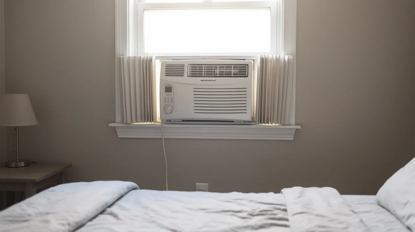 A window air conditioning unit is installed in a bedroom window, effectively providing cooling and maintaining a comfortable indoor temperature during the summer months. This energy-efficient unit is designed to reduce humidity and ensure low noise levels for a peaceful environment.