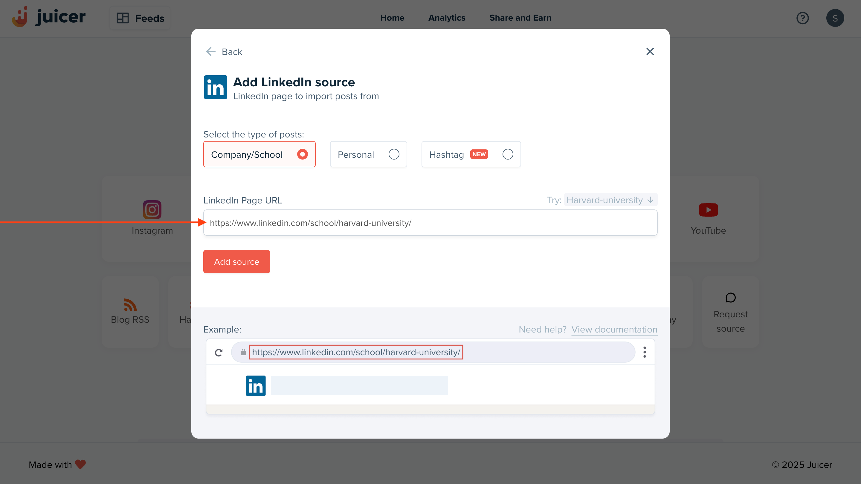 Step 2 of embedding a LinkedIn feed on website using Juicer.io