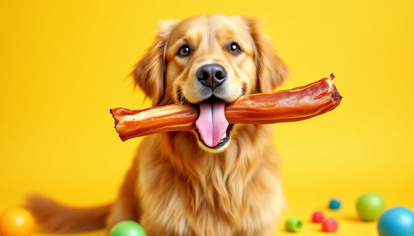 A happy dog chewing on a bully stick.