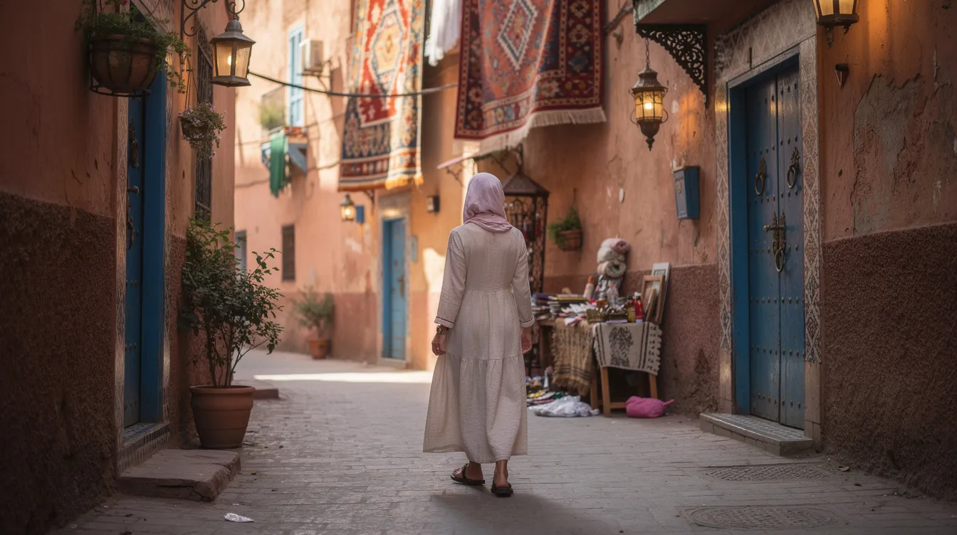 A woman dressed in modest clothing strolls through a vibrant Moroccan alleyway, surrounded by colorful walls and local crafts. This scene captures the essence of Morocco, a generally safe destination for female travelers, though it's wise to exercise increased caution in busy tourist areas.