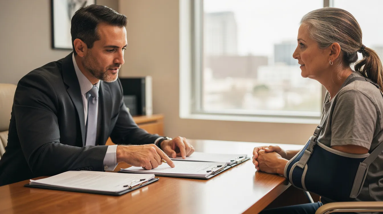 A personal injury lawyer in Phoenix, Arizona, is seated across from an injured client in a modern law office, both reviewing case documents on a wooden desk. The lawyer, dressed in business attire, is pointing to the paperwork while explaining details, while the client, with an arm sling indicating their injury, listens attentively in a softly lit, clean office environment.