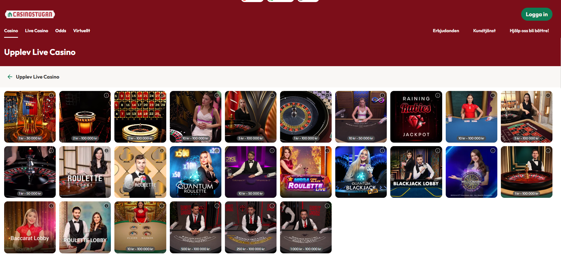 Casinostugans live casino med roulette, blackjack och baccarat med live dealers.