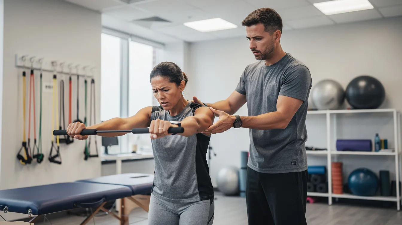 The image depicts an adult patient engaged in a rehabilitation exercise at a modern physical therapy clinic, with a focused and slightly strained expression, while a licensed physical therapist guides them on proper posture and movement. This candid photo captures the seriousness of post-accident recovery, highlighting the realistic clinical environment filled with therapy equipment, emphasizing the importance of medical treatment and support for personal injury victims.