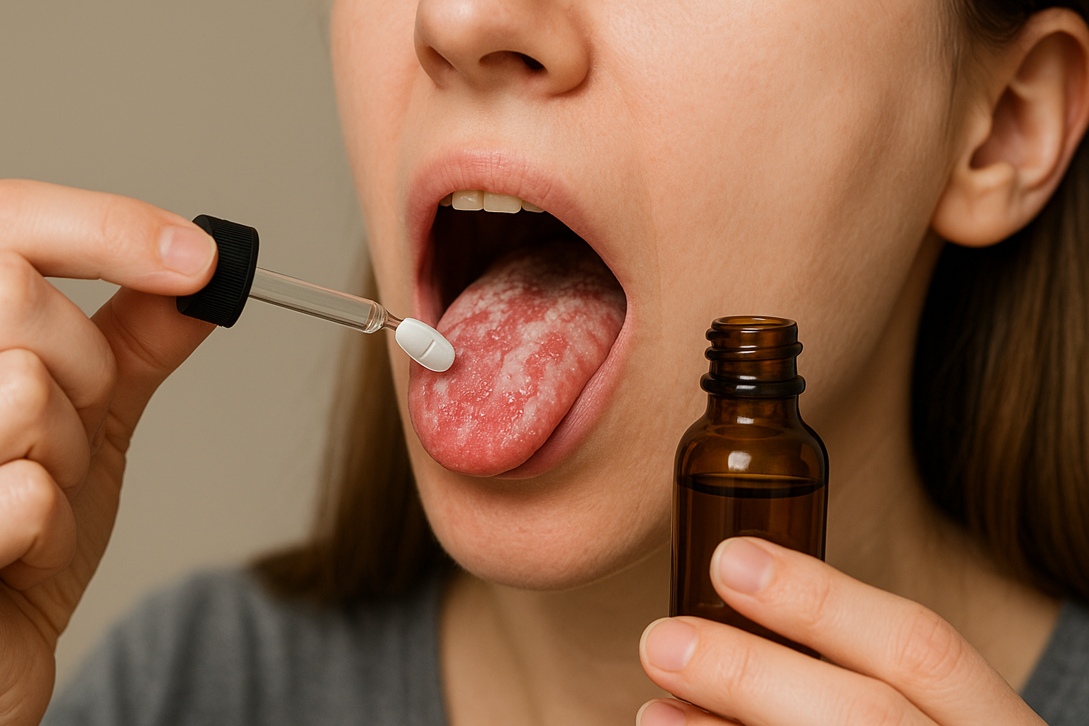 Mycostatin: Når Munnsoppen Trenger Et Tøft Motangrep 17 Kvinne bruker dråpeteller og holder flaske mens hun behandler soppinfeksjon på tungen med hvite flekker og rød irritasjon.