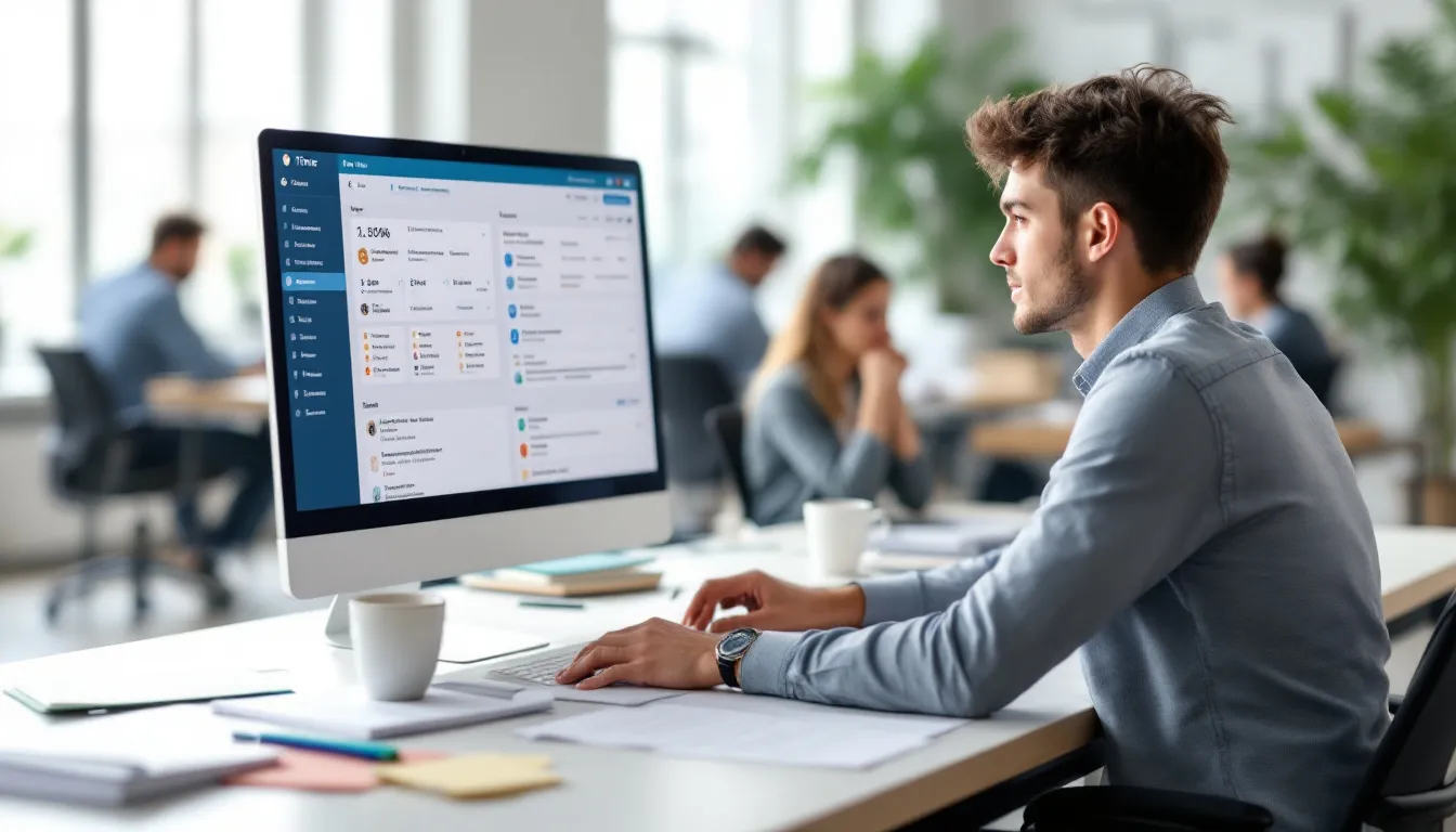 In der Abbildung wird ein Mitarbeiter gezeigt, der eine Zeitmanagement-App auf seinem Smartphone nutzt, um seine Aufgaben im Arbeitsalltag besser zu organisieren. Diese Unterstützung ist besonders wichtig für Menschen mit ADHS, da sie helfen kann, die Herausforderungen der Konzentration und Selbstorganisation im Berufsleben zu meistern.