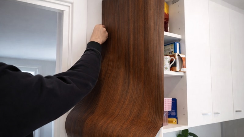 Brown wood vinyl being pealed off from cabinets
