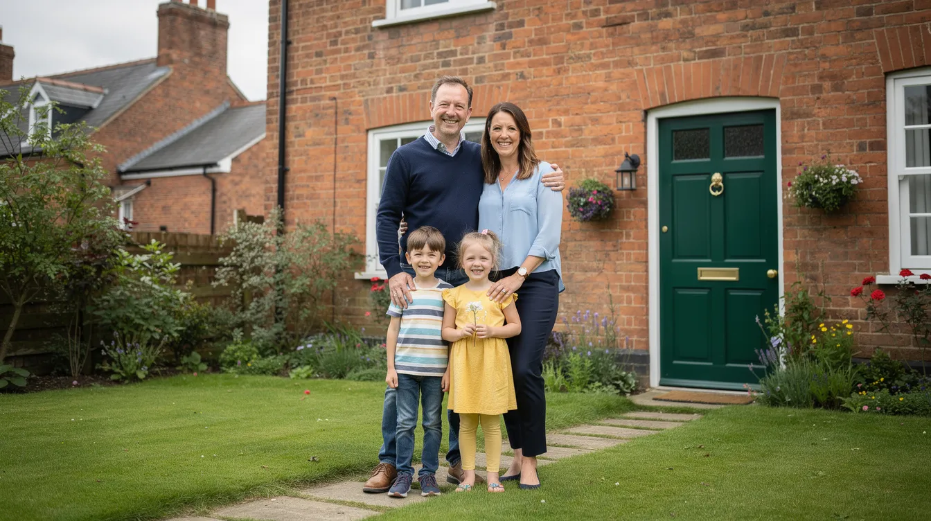 A happy family of four stands outside a traditional British red-brick house, smiling together as they enjoy their time in their home. This image reflects the warmth of family life, which is essential for those navigating the UK family visa application process to reunite with loved ones.