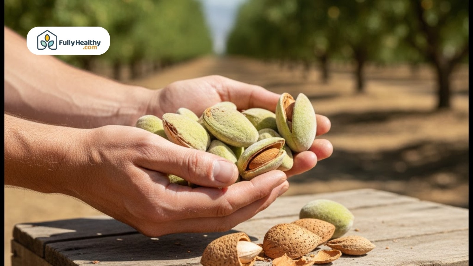 Hands holding fresh green almonds in sunlit orchard
