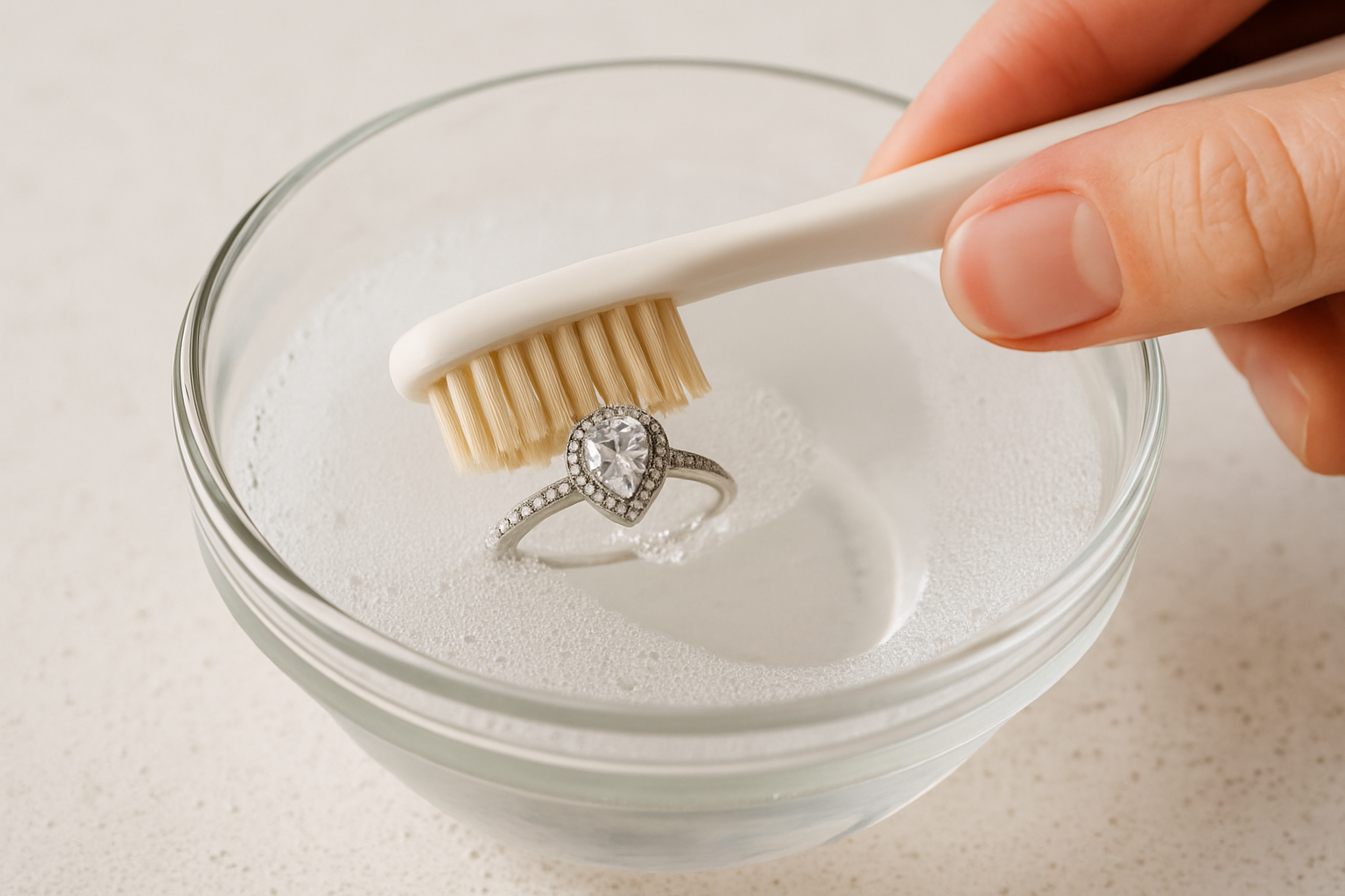 Žiedas kruopščiai valomas šiltu muiluotu vandeniu ir minkštu šepetėliu, parodant aiškų žingsnį, kaip atkurti deimanto spindesį