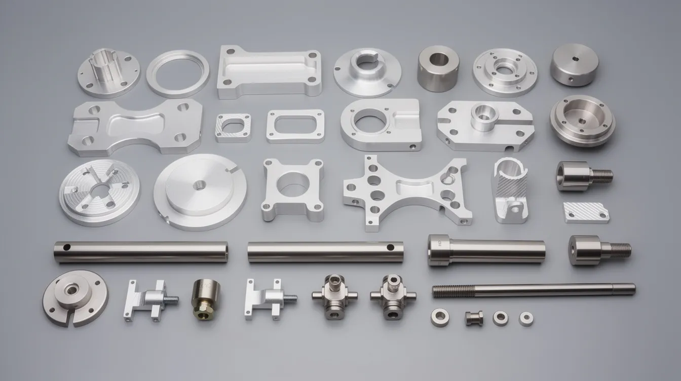 The image features precision CNC machined metal components made from aluminum and stainless steel, arranged in rows showcasing a variety of geometries and surface finishes. These components exemplify the high-quality standards of CNC machining services, highlighting their application in various industries such as medical devices and automotive parts.