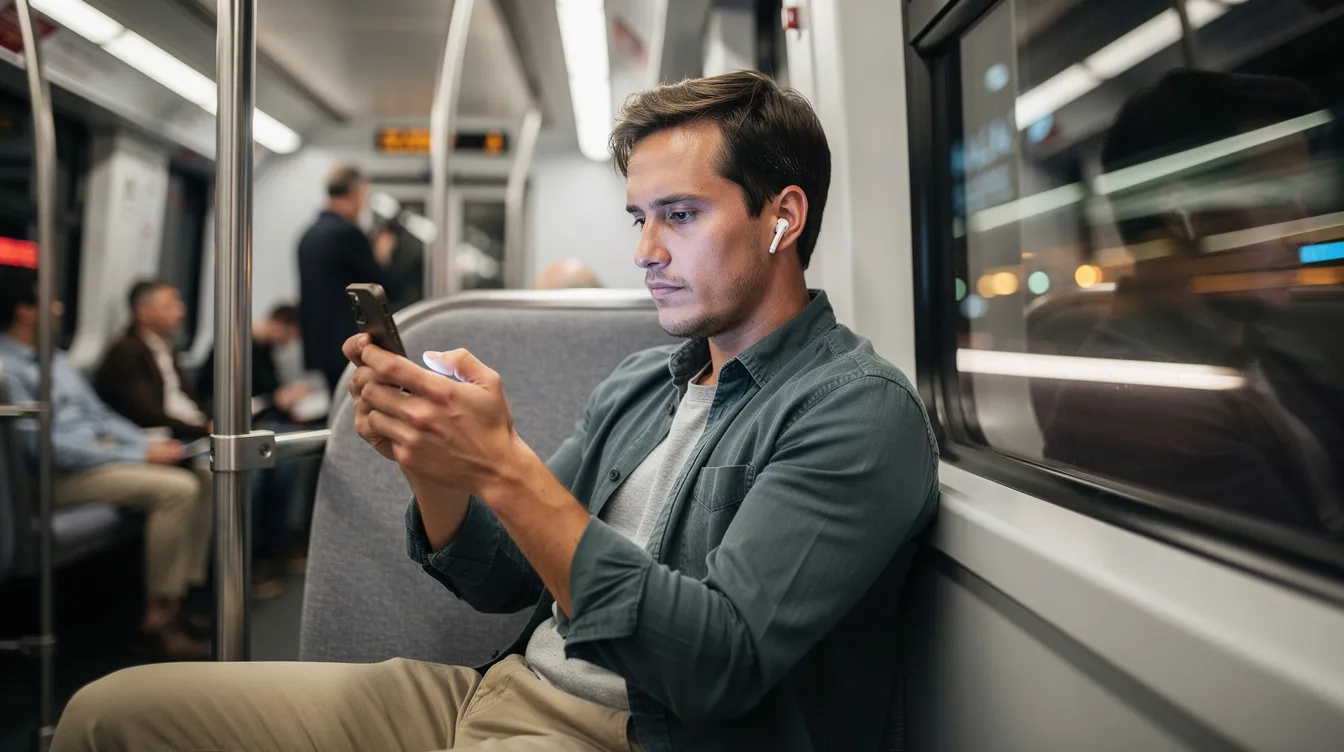 A commuter sits on a train, engrossed in watching videos on their smartphone while wearing earbuds. The scene captures the convenience of enjoying favorite YouTube shorts for offline viewing during the daily commute.
