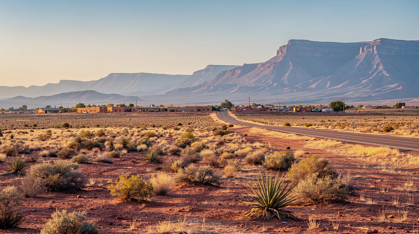 A vast New Mexico desert landscape stretches out, featuring rugged mountains in the background and a small town nestled in the distance. This serene scene highlights the natural beauty of the area, which contrasts with the complexities of medical malpractice cases that may arise in such communities, where patients seek justice for medical negligence and recover compensation for their injuries.