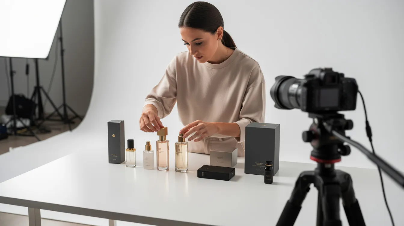 A person is meticulously arranging premium Louis Vuitton products, including a stylish Louis Vuitton Speedy bag, for a professional product photography shoot, showcasing the luxury brand's elegance. The setup highlights the attention to detail necessary for a successful dropshipping business in luxury fashion.