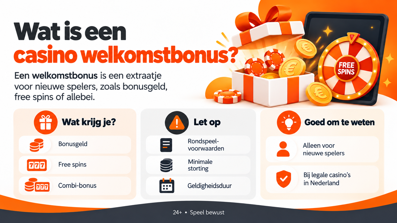 Infographic over wat een casino welkomstbonus is, met bonusgeld, free spins en belangrijke bonusvoorwaarden.