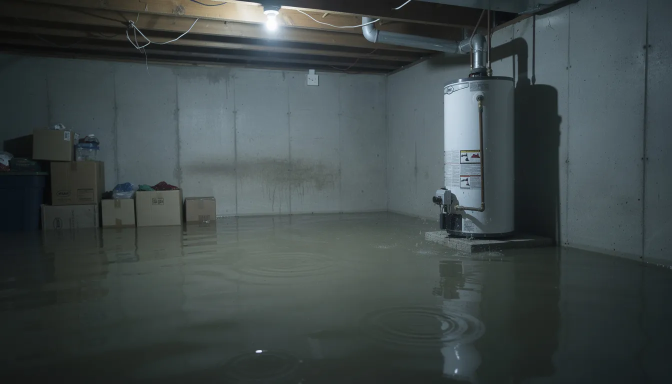 The image depicts a flooded basement with water covering the floor, where a water heater is positioned in the corner. This situation highlights the need for emergency plumbing services to address plumbing emergencies like burst pipes or water leaks effectively.