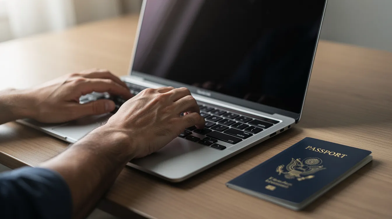 The image shows a close-up of hands typing on a laptop keyboard, with a British passport placed beside the laptop. This scene suggests the process of managing digital immigration status and accessing important visa documents online.