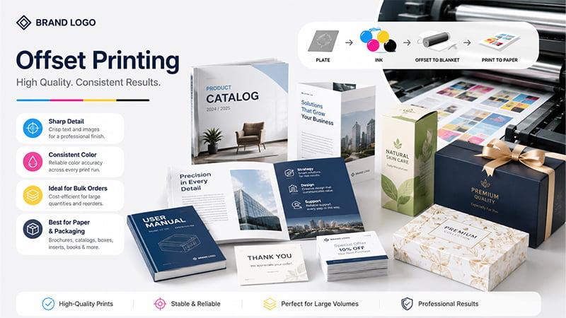 Offset printing process for catalogs brochures paper inserts gift boxes and high volume packaging production