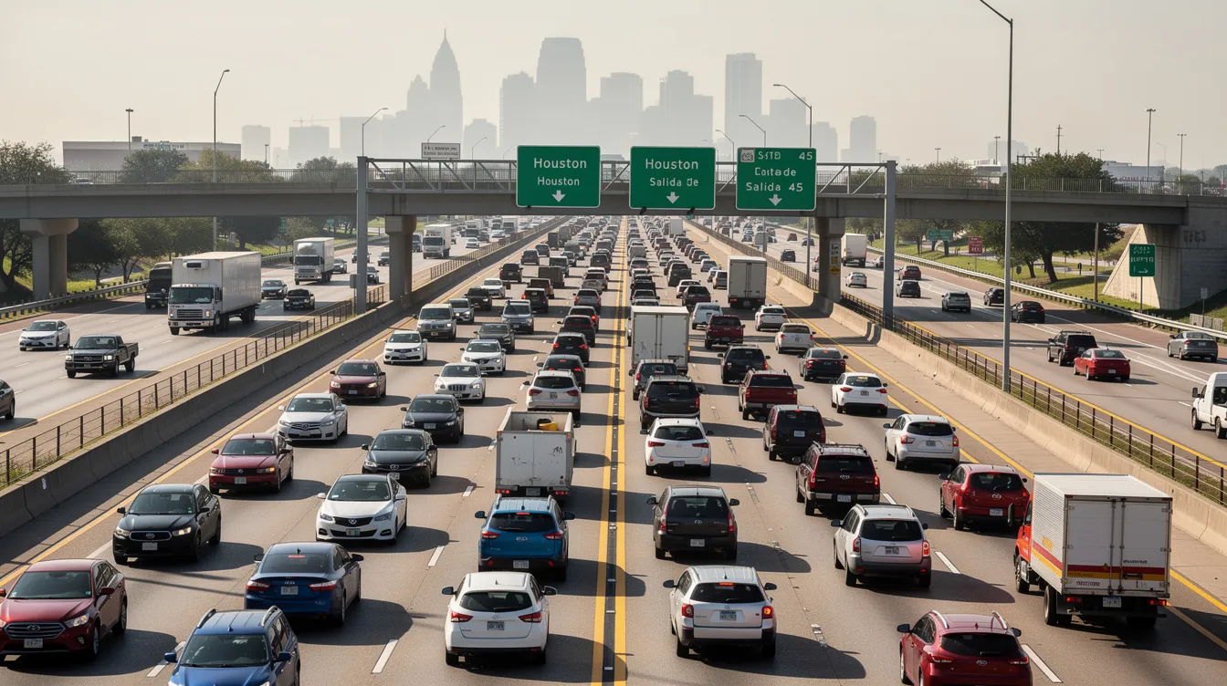 The image depicts heavy traffic on a multi-lane highway in Houston, with numerous vehicles congested on the road. This scene illustrates the potential for accidents and the importance of having an abogado de accidentes de vehiculo en houston to assist victims of auto accidents.