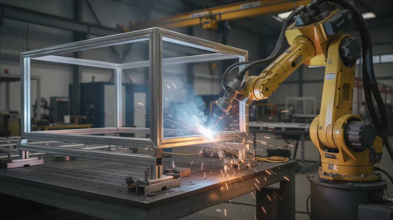 The image shows a robotic welding arm meticulously working on a sheet metal enclosure frame inside a factory, highlighting advanced technology in sheet metal fabrication. This scene represents the precision and efficiency of custom metal fabrication processes, essential for producing high-quality sheet metal components.