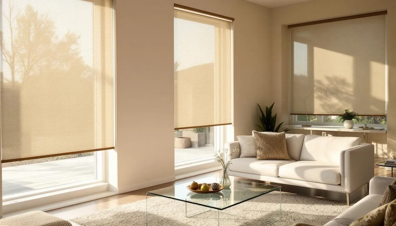 In a modern living room, custom solar shades are installed, allowing soft afternoon sunlight to filter through while providing effective glare control and UV protection. The shades create a stylish and functional atmosphere, enhancing the space's comfort and privacy.