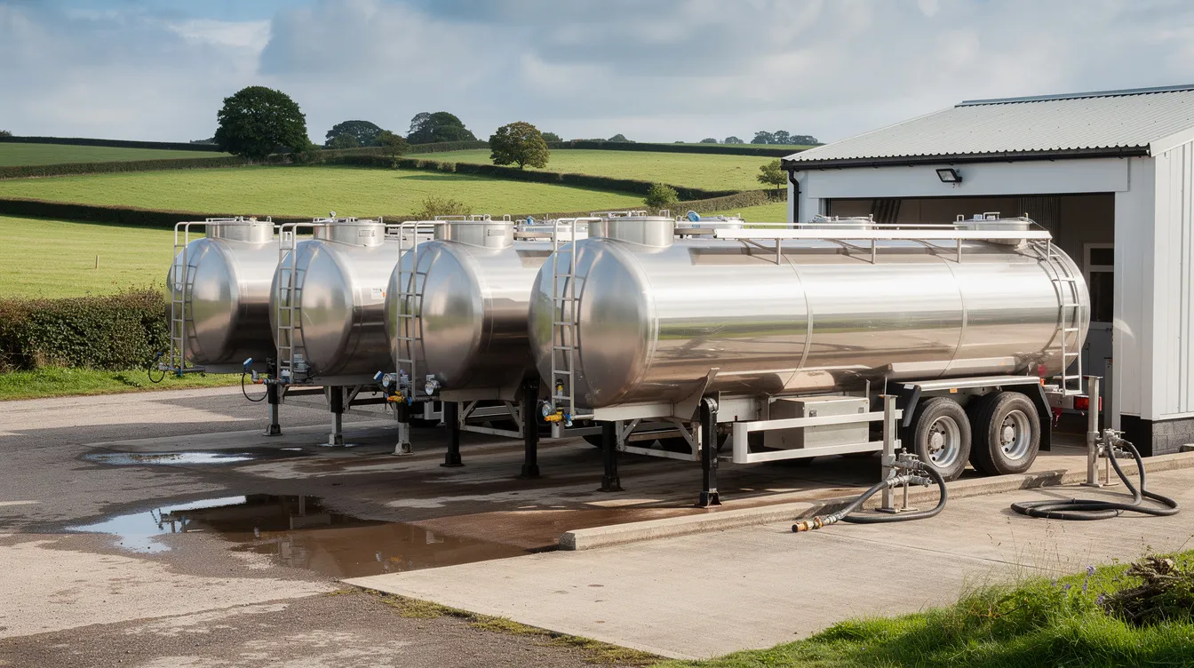 The image depicts stainless steel milk tankers parked at a rural dairy collection point, surrounded by lush green fields. This scene highlights the essential role of raw milk procurement in the milk powder production process, showcasing the connection between dairy farming and the food processing industry.