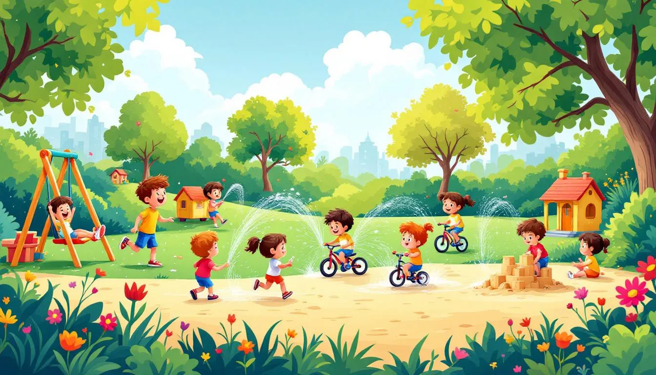 Children enjoying outdoor activities in a green space.