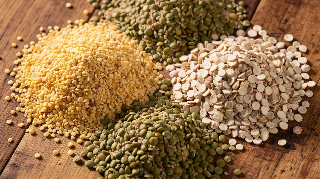 a7a6ca73 6664 493d 80fa c68ac76038e4 The image features an assortment of raw pulse grains, including toor, chana, moong, and urad, spread out on a wooden surface, highlighting the importance of raw material sourcing in the dal mill machine market. This diverse collection of pulses represents the growing demand for processed pulses and the role they play in various culinary applications.
