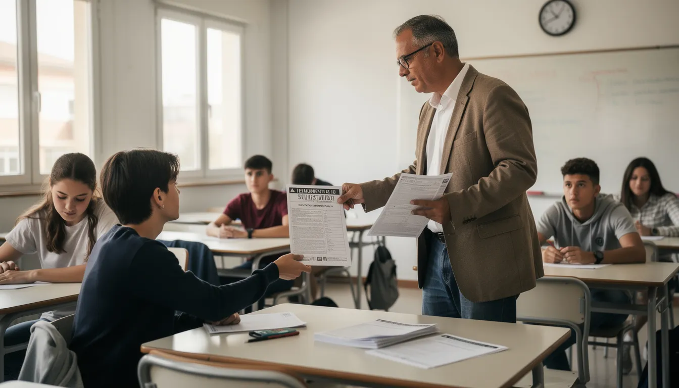 Un profesor est&aacute; entregando el examen de selectividad a un grupo de alumnos, quienes se preparan para realizar la prueba que determinar&aacute; su acceso a la universidad. En la escena se pueden ver hojas de examen y un ambiente de concentraci&oacute;n, reflejando la importancia de esta convocatoria.