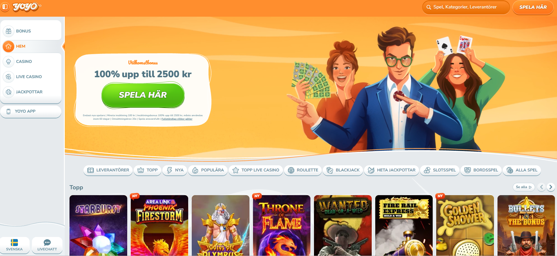 YoYo Casinos startsida med välkomstbonus på 100 % upp till 2 500 kr och casinospel.