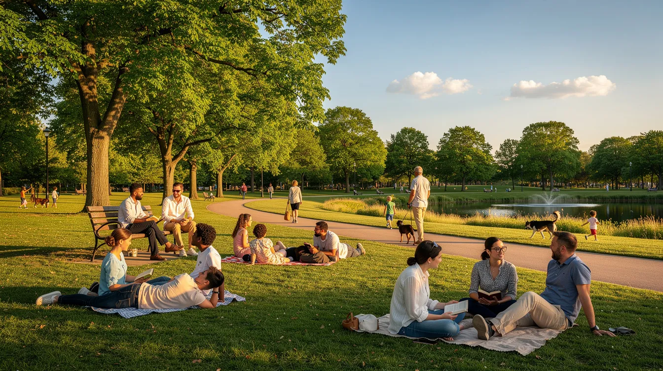 In een park op een zonnige dag ontspannen mensen in hun vrije tijd, genietend van de natuur en elkaars gezelschap. De omgeving biedt voorzieningen voor recreatie en ontspanning, waardoor het een populaire plek is voor de bezoekers.