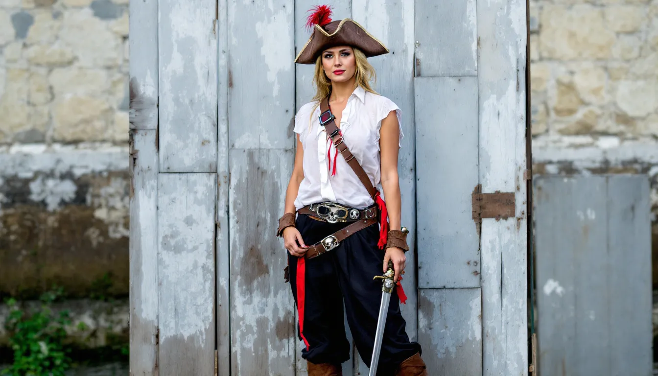 A woman is dressed in a vibrant women's pirate costume, complete with a stylish eye patch and accessories that evoke the adventurous spirit of pirates. Her outfit features a dramatic waist and intricate jewelry, embodying the essence of a daring pirate ready for an exciting adventure.
