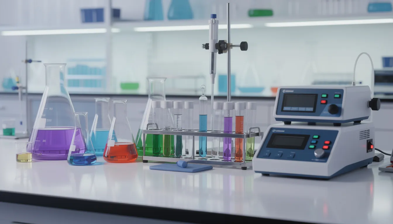 Das Bild zeigt eine Laborausrüstung mit verschiedenen Glaskolben und Testgeräten, die in einem wissenschaftlichen Studio angeordnet sind. Diese Ausrüstung könnte zur Analyse von Cannabinoiden oder zur Entwicklung von Hautpflegeprodukten wie Cremes und Seren verwendet werden.