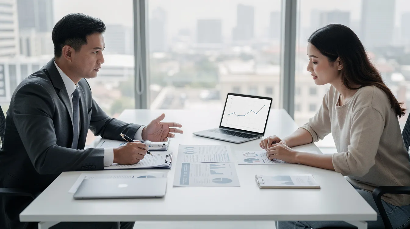 The image depicts two professionals engaged in a financial consultation across a table filled with paperwork, symbolizing a discussion about 清 數 and various financial matters such as 還款 計劃 and 信貸 評 級. The setting conveys a serious atmosphere, highlighting the importance of managing one's 財務 狀況 effectively.