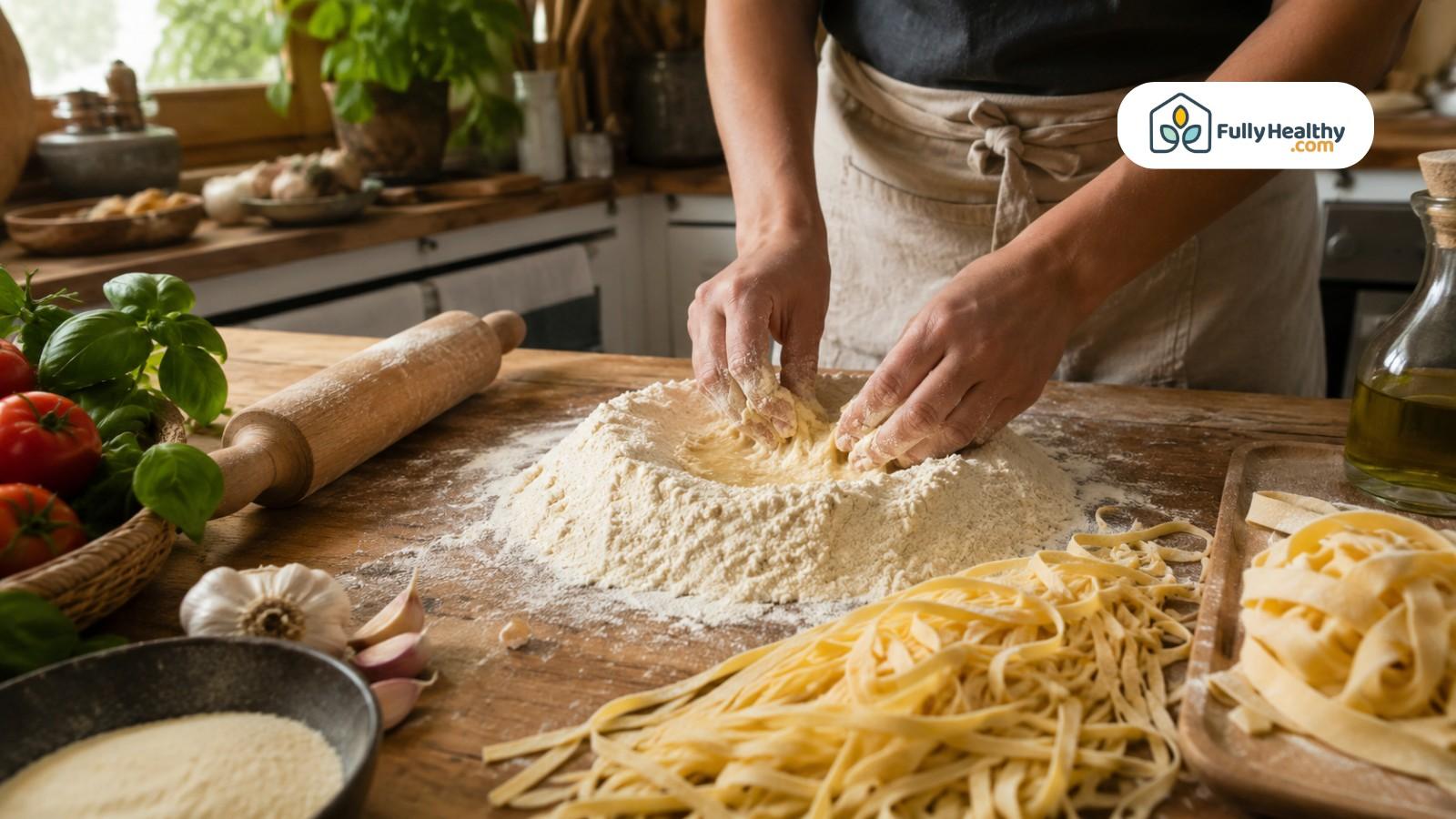 Hands kneading homemade vegan pasta dough beside fresh noodles and kitchen ingredients