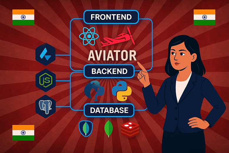 Modern technology stack diagram for Aviator casino game development with React, Node.js, databases and Indian tech elements