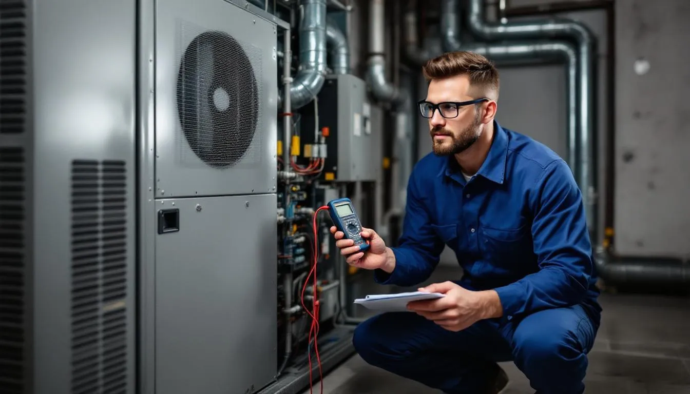 A professional HVAC technician is inspecting a modern heating and cooling system, checking the air conditioning unit and other cooling equipment to ensure efficient operation. This technician is focused on meeting the heating and cooling needs of customers, providing expert HVAC services for optimal air quality and comfort year-round.