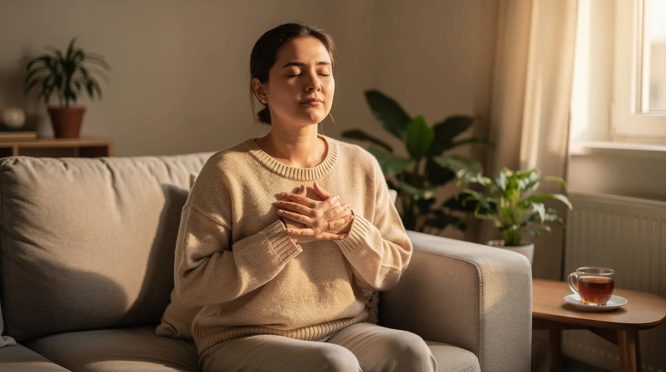 A person is sitting comfortably at home, practicing a gentle breathing exercise with their hands resting on their chest, promoting nervous system regulation and emotional awareness as part of their healing process. This somatic therapy technique helps individuals address trauma and develop a deeper connection to their body sensations.