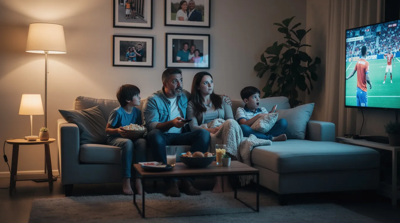 A family is gathered in a cozy living room, enjoying a sports game on a large flat-screen television. The scene captures the excitement of Canadian sports fans as they cheer for their favorite team, highlighting the importance of a reliable IPTV Canada subscription for accessing live sports channels.