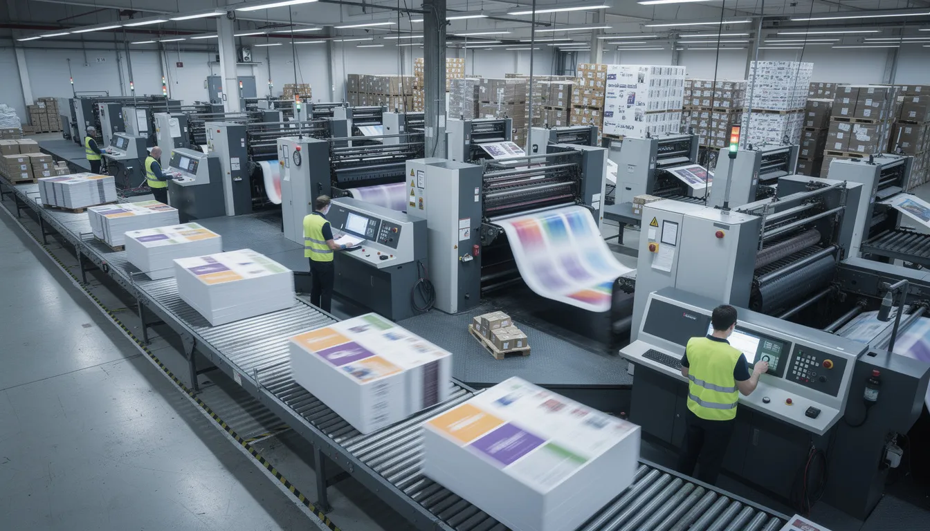 The image showcases printing equipment in a production facility, where various branded merchandise items, such as t-shirts and hats, are being processed. This setting highlights the customization process for promotional products, emphasizing the tools and technology used to create personalized marketing items for small businesses.