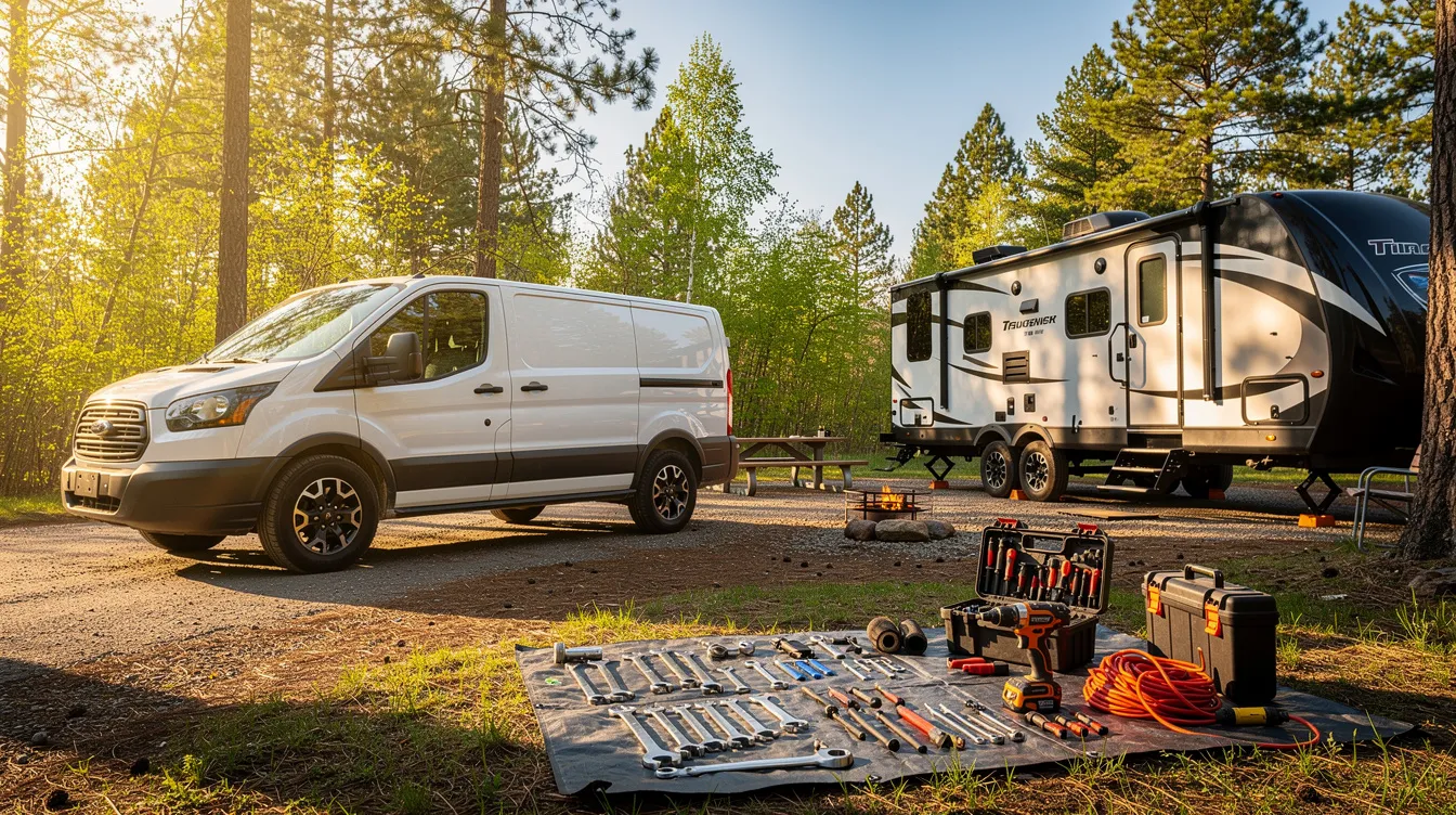 The image shows a white service van parked beside a travel trailer at a sunny campsite, with various tools laid out on a surface. This scene reflects the setting for RV maintenance and repair services, highlighting the importance of expert care for recreational vehicles.