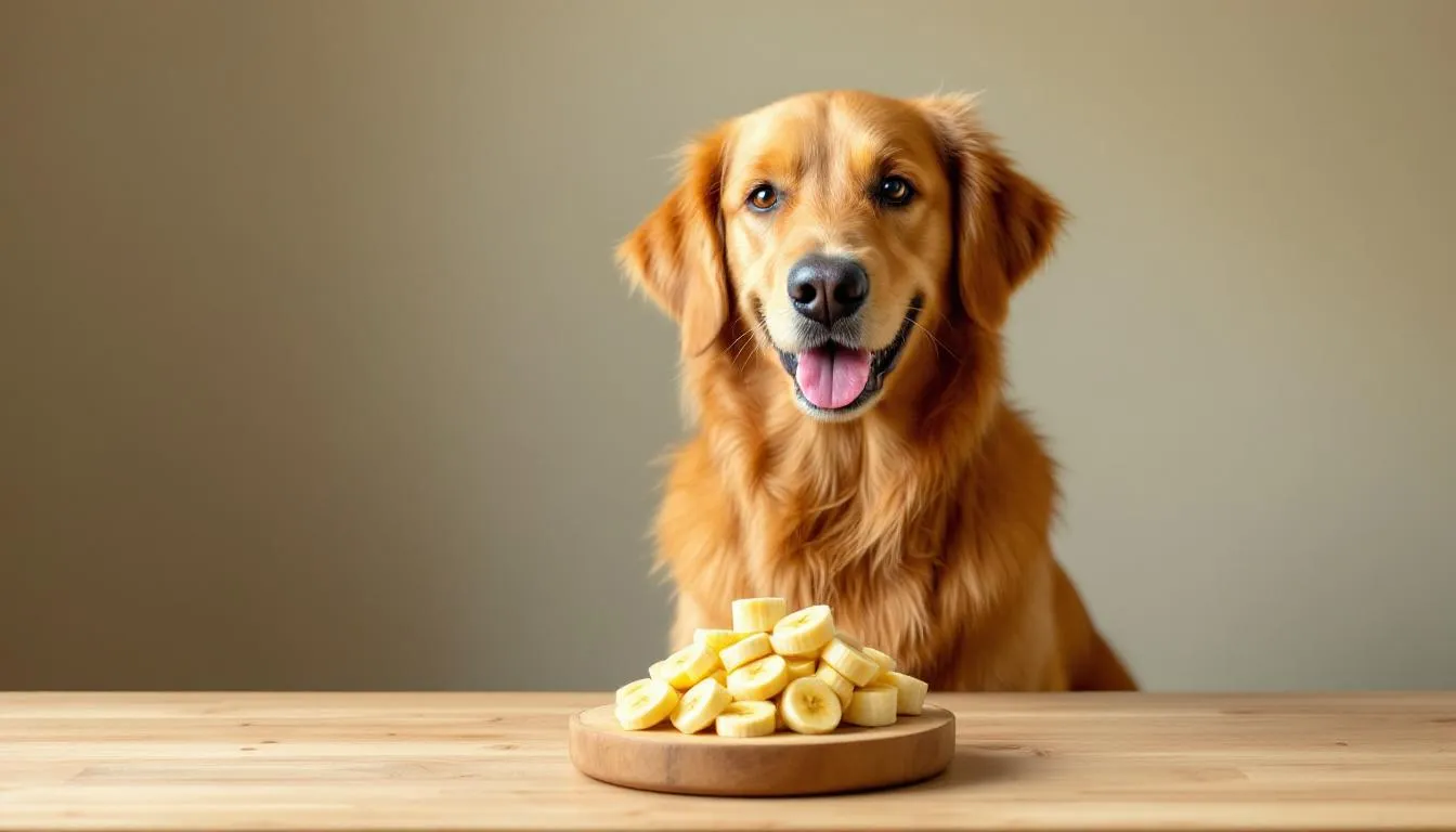 A cheerful golden retriever sits next to a few banana slices arranged on a rustic wooden table, illustrating a healthy snack option for dogs. This image highlights how dogs can enjoy bananas as an occasional treat, emphasizing their nutritional benefits.