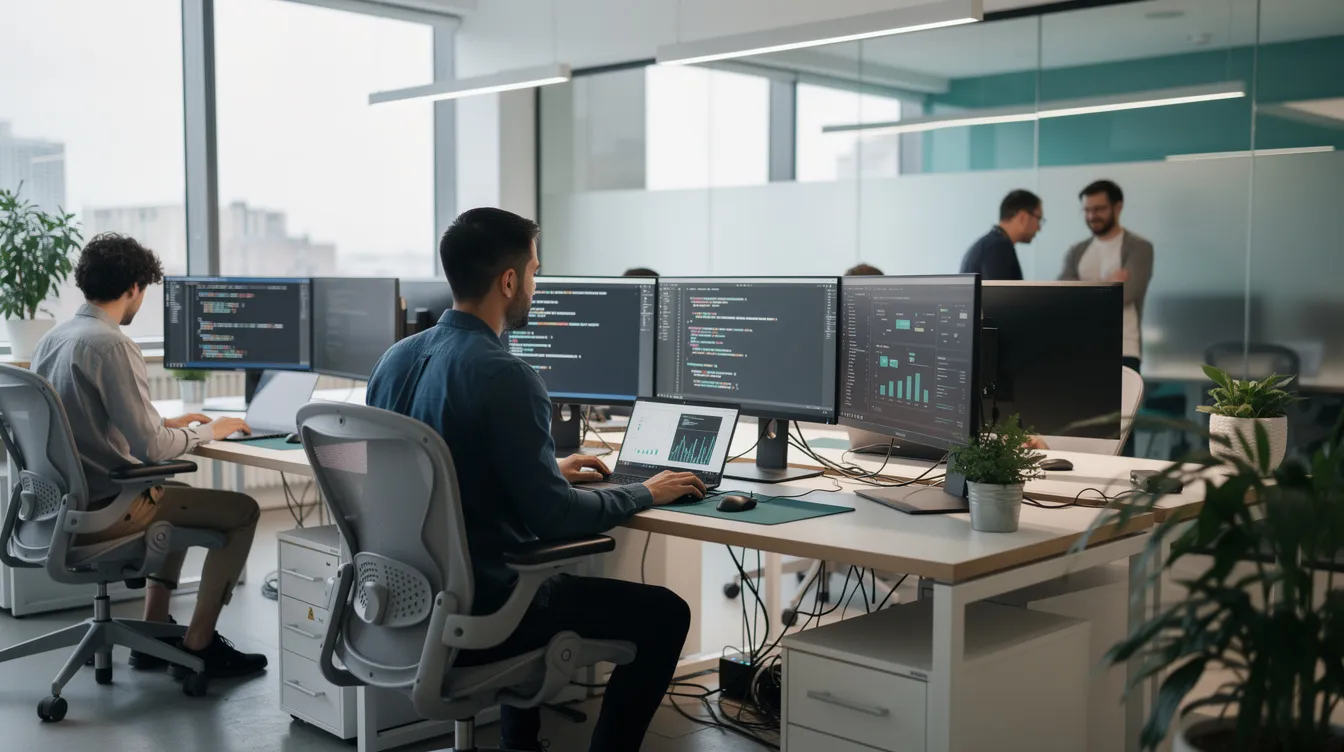 The image depicts a modern office workspace featuring young professionals, including developers, focused on their laptops and multiple screens. This collaborative environment highlights the thriving IT sector and entrepreneurial journey prevalent in India's fastest growing cities, such as Pune, where innovative business ideas are being developed.