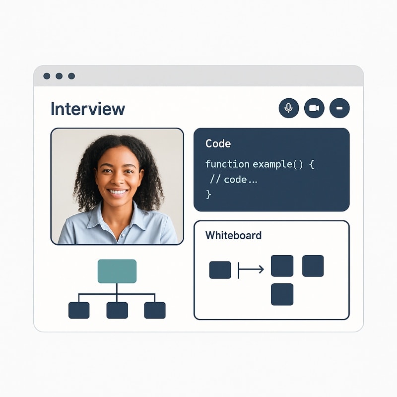 A clean, modern virtual interview interface featuring a smiling woman on a video call, a live code editor with sample code, and a digital whiteboard with simple diagram blocks. The layout uses navy, charcoal, and soft teal accents on a white background, with clear sans-serif labels and icons. ChatGPT fragen