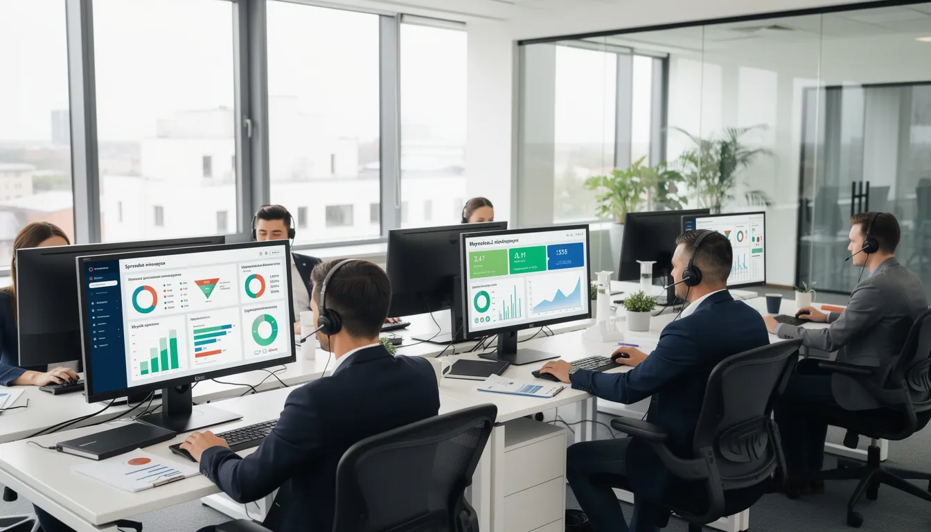 W nowoczesnym biurze sprzedaży zespół handlowców pracuje przy komputerach, analizując dane na dashboardach analitycznych. Automatyzacja procesów biznesowych oraz inteligentna automatyzacja pozwalają na zwiększenie efektywności pracy i przyspieszenie procesów związanych z obsługą klientów.