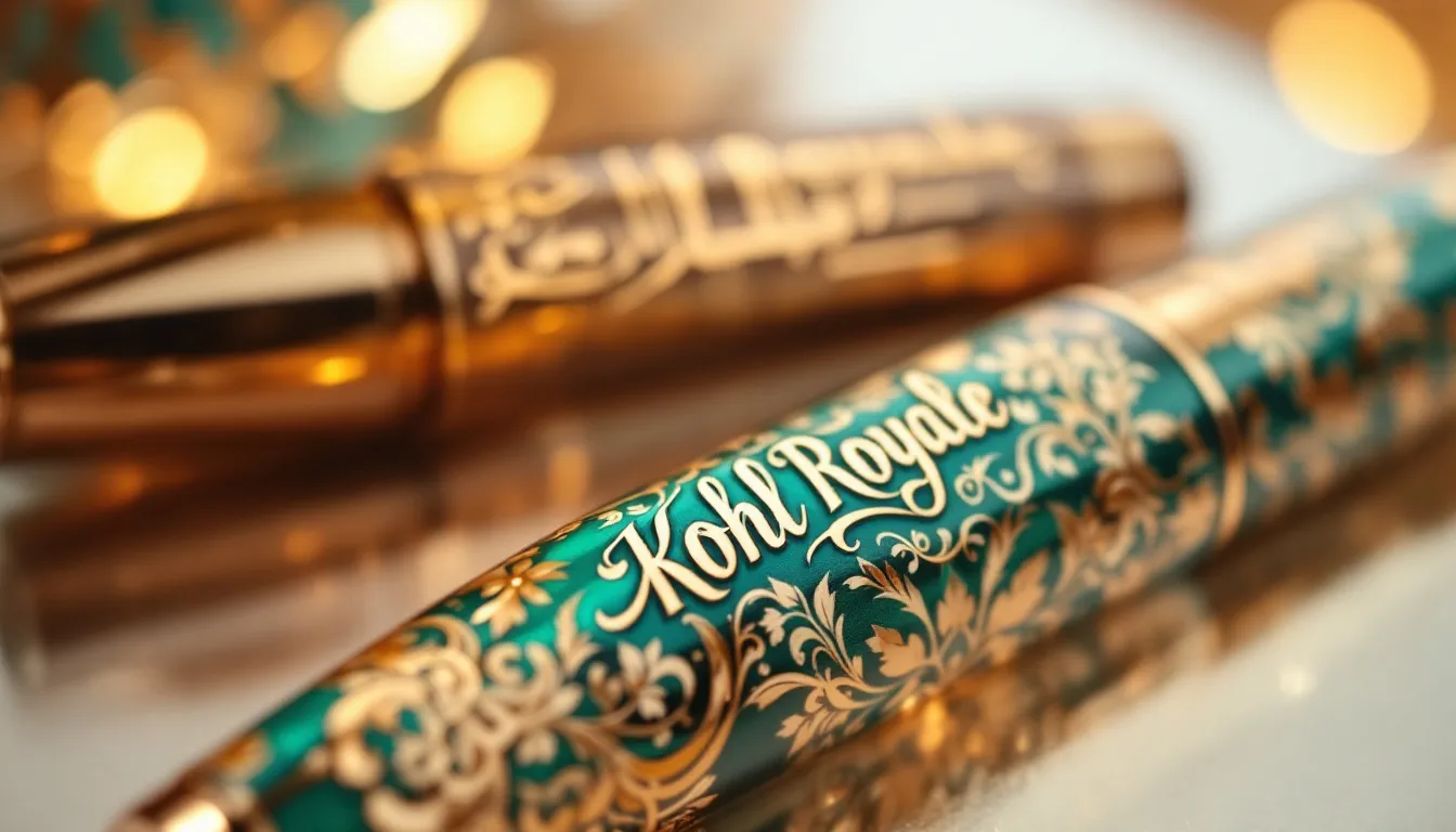 Close-up of luxurious vegan mascara and eyeliner tubes featuring elegant green and gold packaging, symbolizing cruelty-free beauty and the ultimate guide to vegan makeup products. The image highlights the commitment to ethical cosmetics without compromising on style or quality.