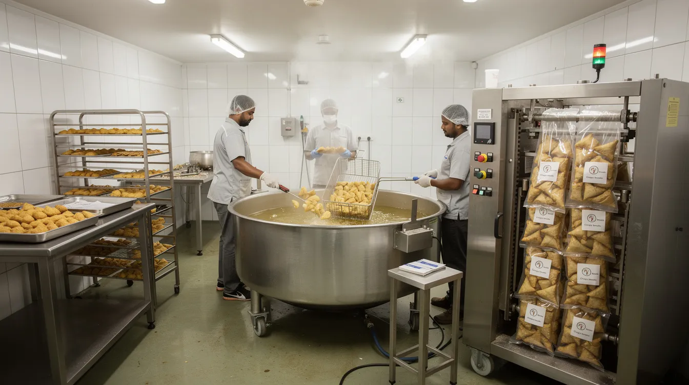 a7bc4e14 2c2e 4e49 9111 23bfa64aa8b5 The image depicts a small Indian food processing unit equipped with packaging and frying machinery, showcasing the operations of a micro enterprise. This setup illustrates the potential for small businesses to thrive under government-backed schemes like the Pradhan Mantri Mudra Yojana, which supports micro units with business loans and financial assistance.
