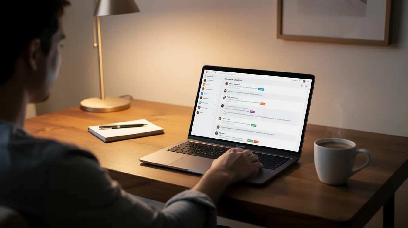 A person is sitting at a desk, intently browsing a discussion forum on their laptop, with a steaming cup of coffee positioned nearby. The scene captures the essence of engaging with reddit discussions and exploring relevant subreddits for valuable insights and community interactions.